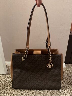 Michael Kors Brown and Tan Signature Chain-Handle Tote
